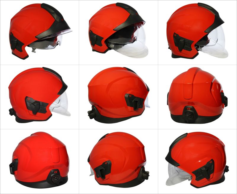 Prilba HEROS TITAN Rosenbauer červená luminiscenčná, zlatý štít, zátylník, kandahár, okuliare Prilba HEROS TITAN Rosenbauer červená luminiscenčná, zlatý štít, zátylník, kandahár, okuliare