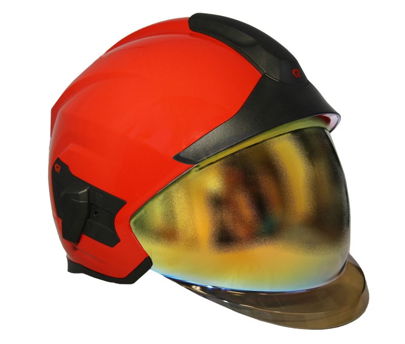 Prilba HEROS TITAN Rosenbauer červená luminiscenčná, zlatý štít, zátylník, kandahár, okuliare Prilba HEROS TITAN Rosenbauer červená luminiscenčná, zlatý štít, zátylník, kandahár, okuliare